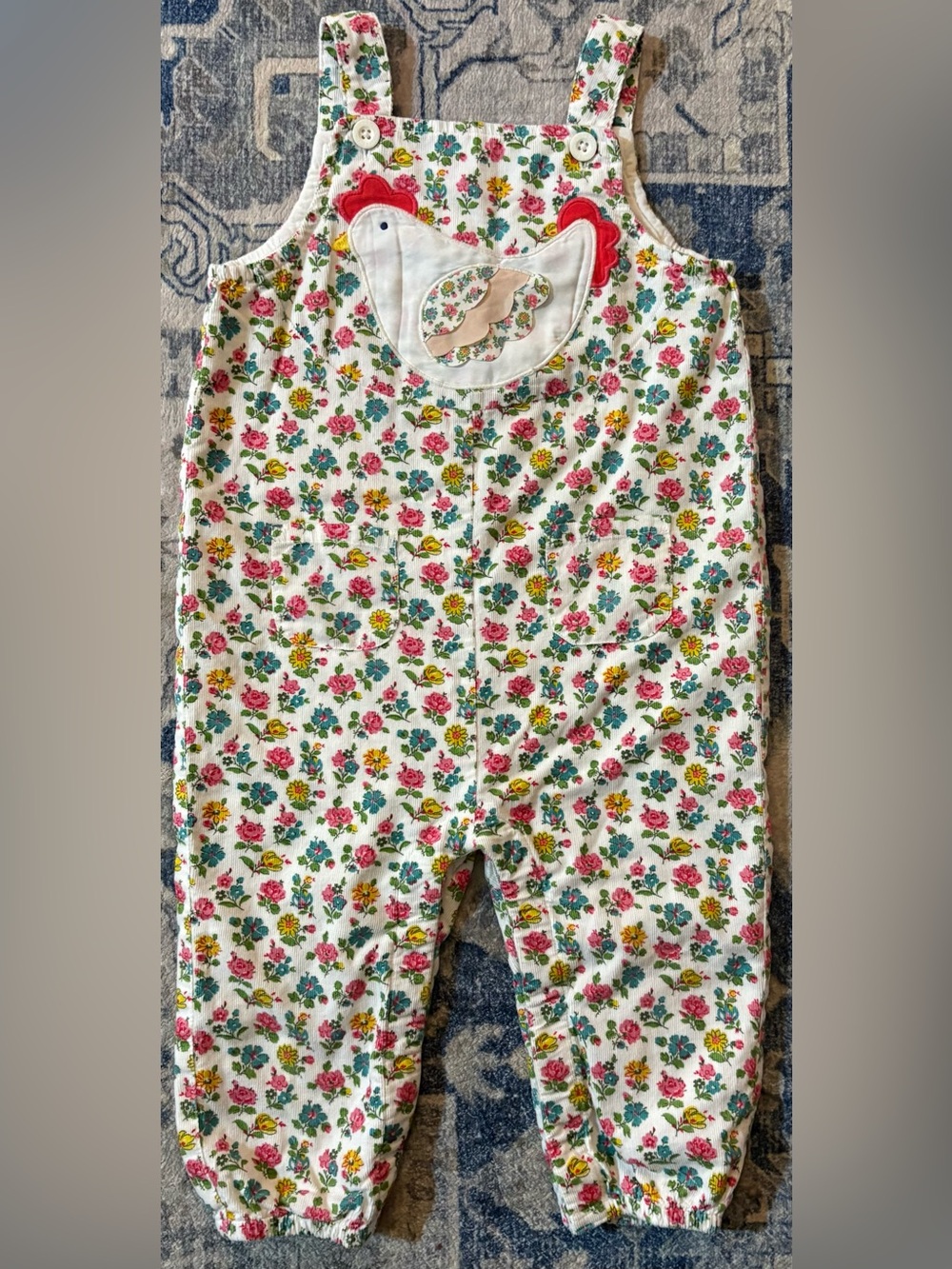 Mini Boden White Floral Overalls with Red and Green Accents